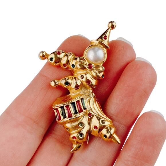 Vintage Drummer Clown Jester Brooch Enamel Figural 1960s-1970s Gold Tone Pin - Picture 3 of 8